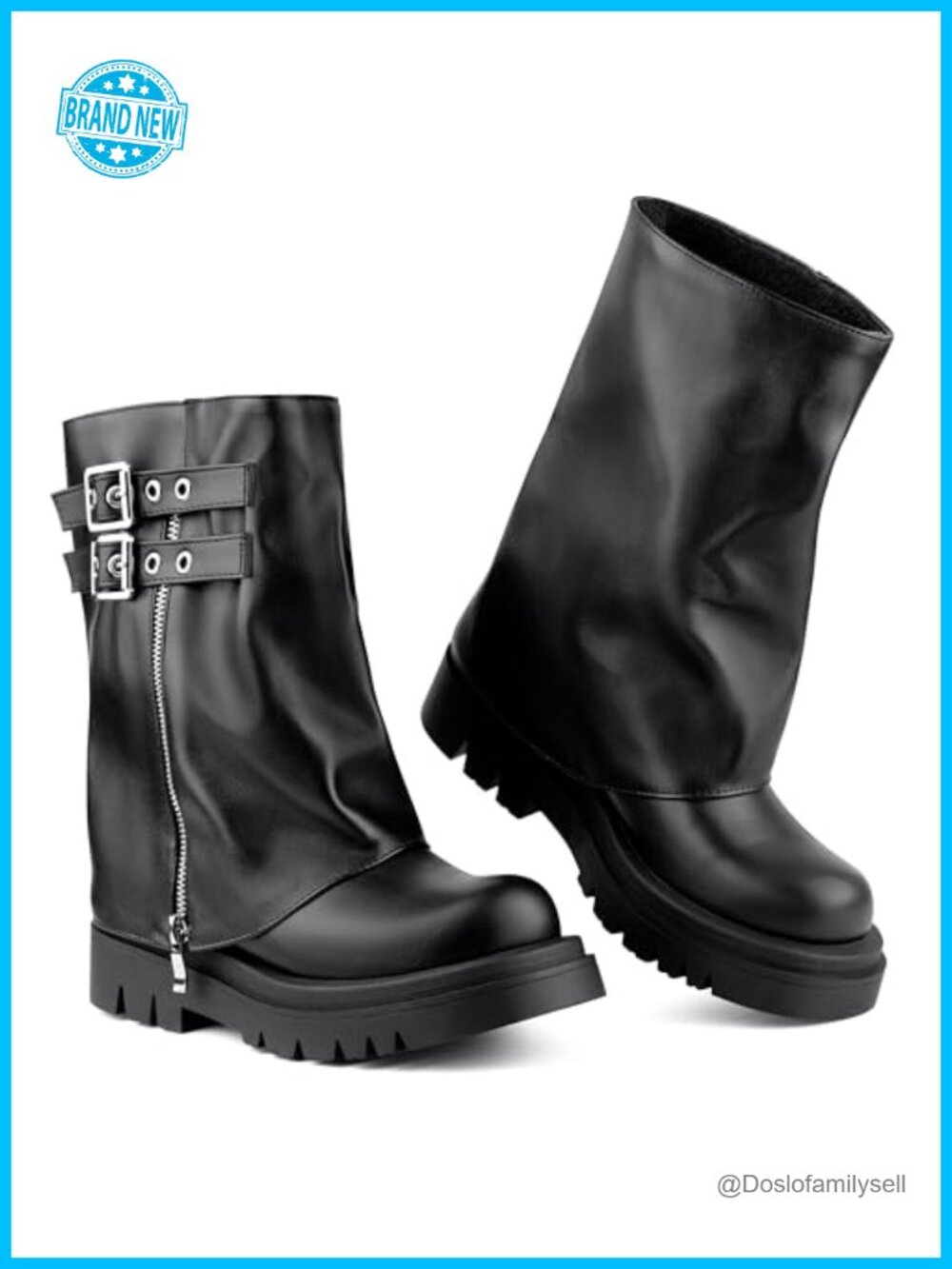 Mid Calf Boots Slouchy Fold Over Moto Biker Combat Boots